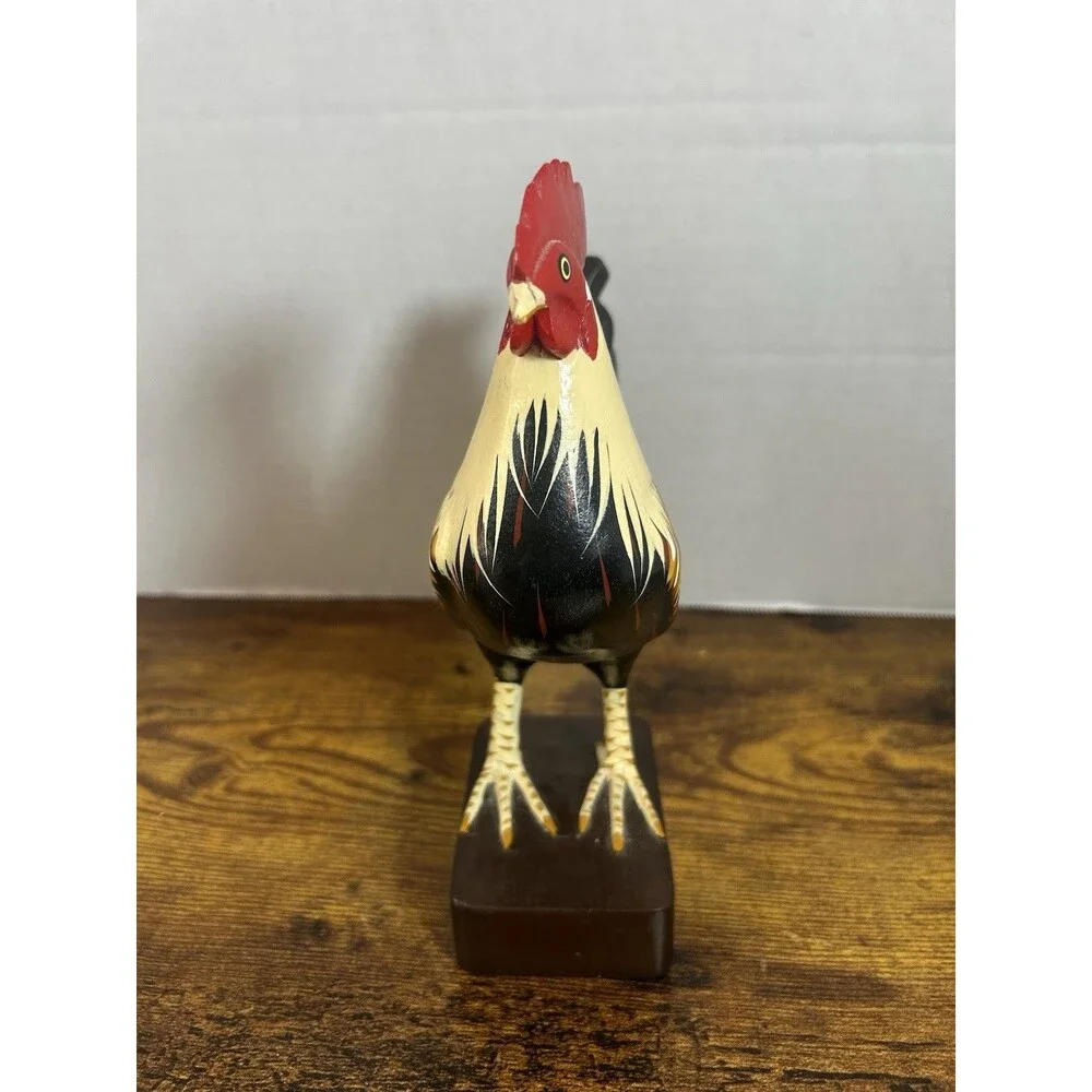 Vintage Hand Carved Wooden Rooster Statue Folk Art Farmhouse Home Decor Display